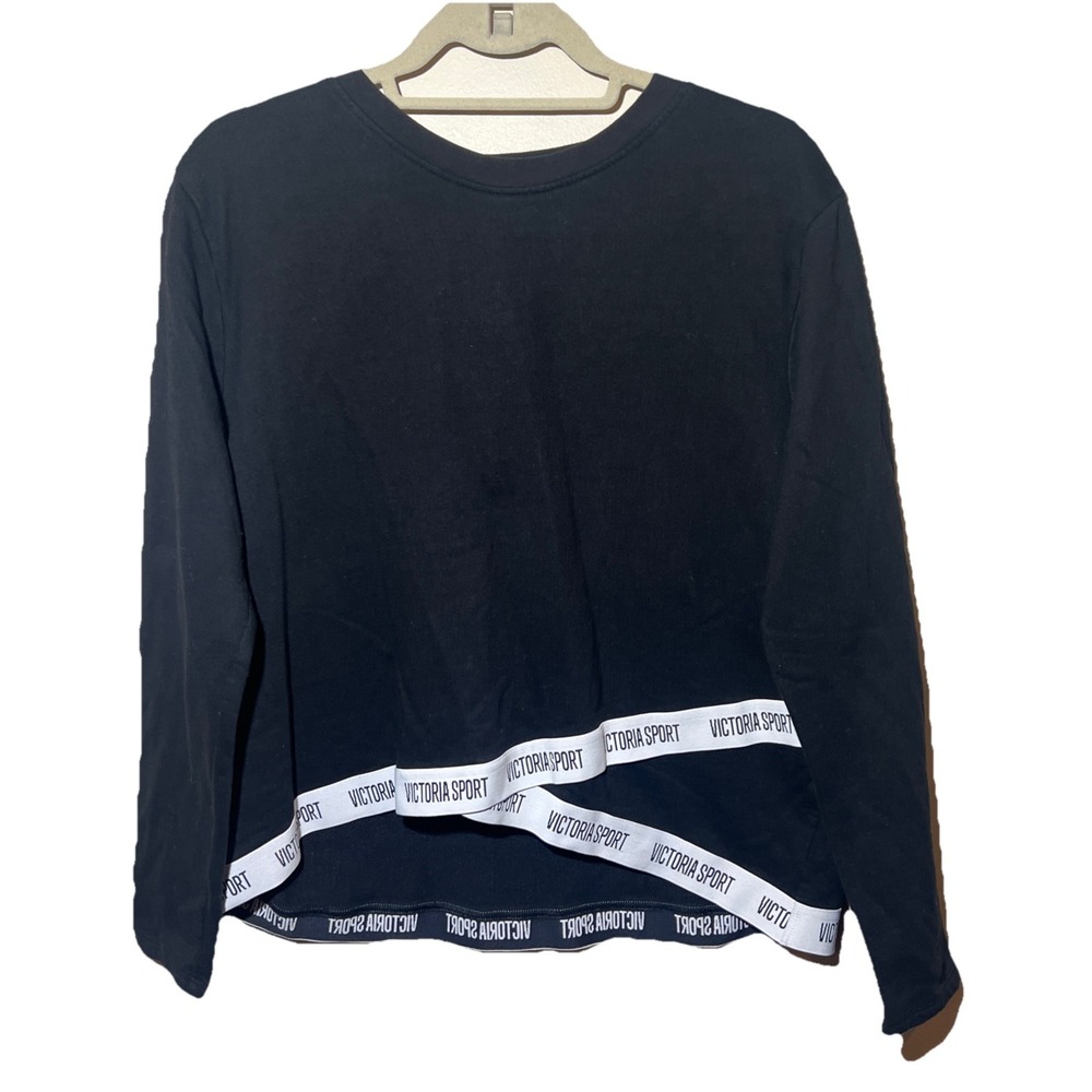 Victoria Sport Sweatshirt Women L Long Sleeve‎ Cropped Logo Hem Black White EUC